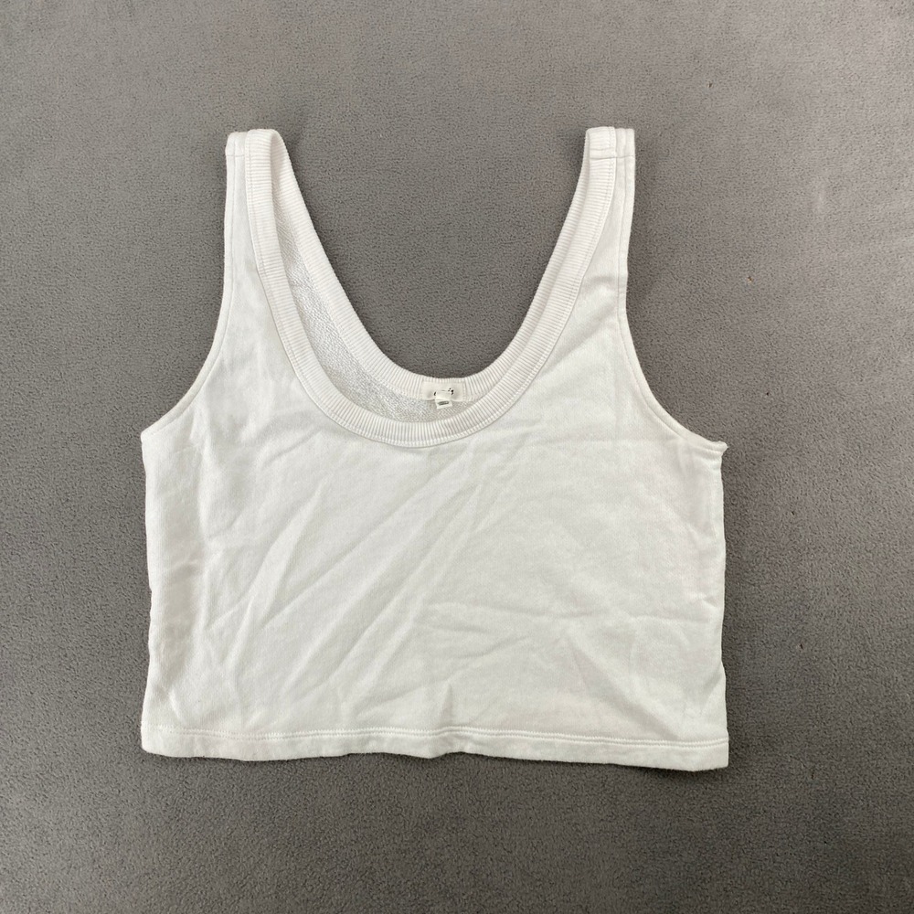 Aerie White Fleece Lined Cropped Tank Top Lace Trim Side Scoop Neck Small